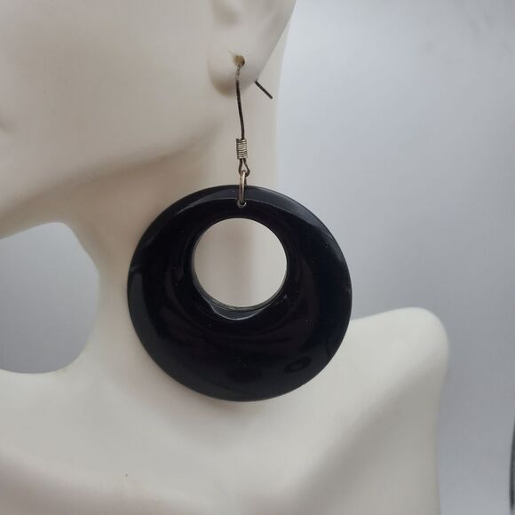 Retro black saucer disco round earrings - Picture 1 of 2